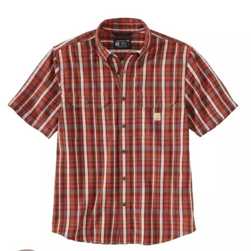 Carhartt Mens Plaid Short Sleeve Button Up Shirt Red Gray Loose Fit Size Medium